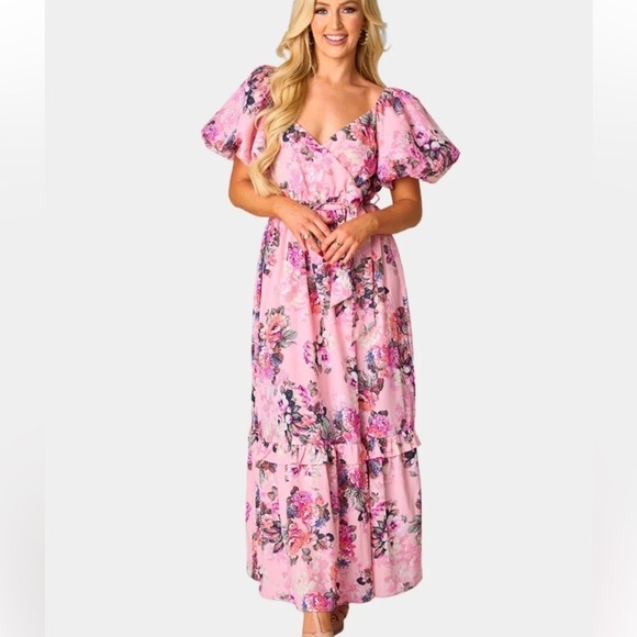 Buddy Love Dresses & Skirts - Buddy Love Cottagecore Puff Sleeve Pink Floral Maxi Long Dress Size Small NWT